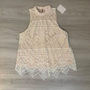 Lauren Conrad Tank Top Women Lace High Neck Ivory Beige Sheer Crochet Trim Siz S